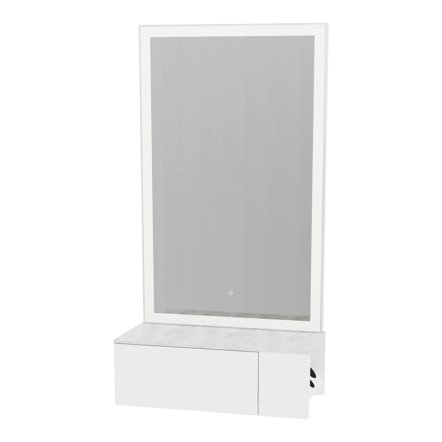 Glo Wall Mount Styling Station with Concealed Appliance Holder, Solid Surface Countertop, and Silver Rectangle Glo Mirror - Kaemark