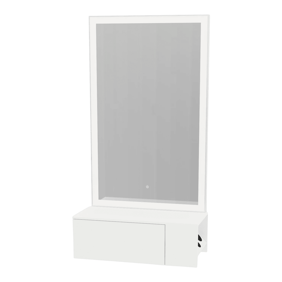 Glo Wall Mount Styling Station with Concealed Appliance Holder, Solid Surface Countertop, and Silver Rectangle Glo Mirror - Kaemark