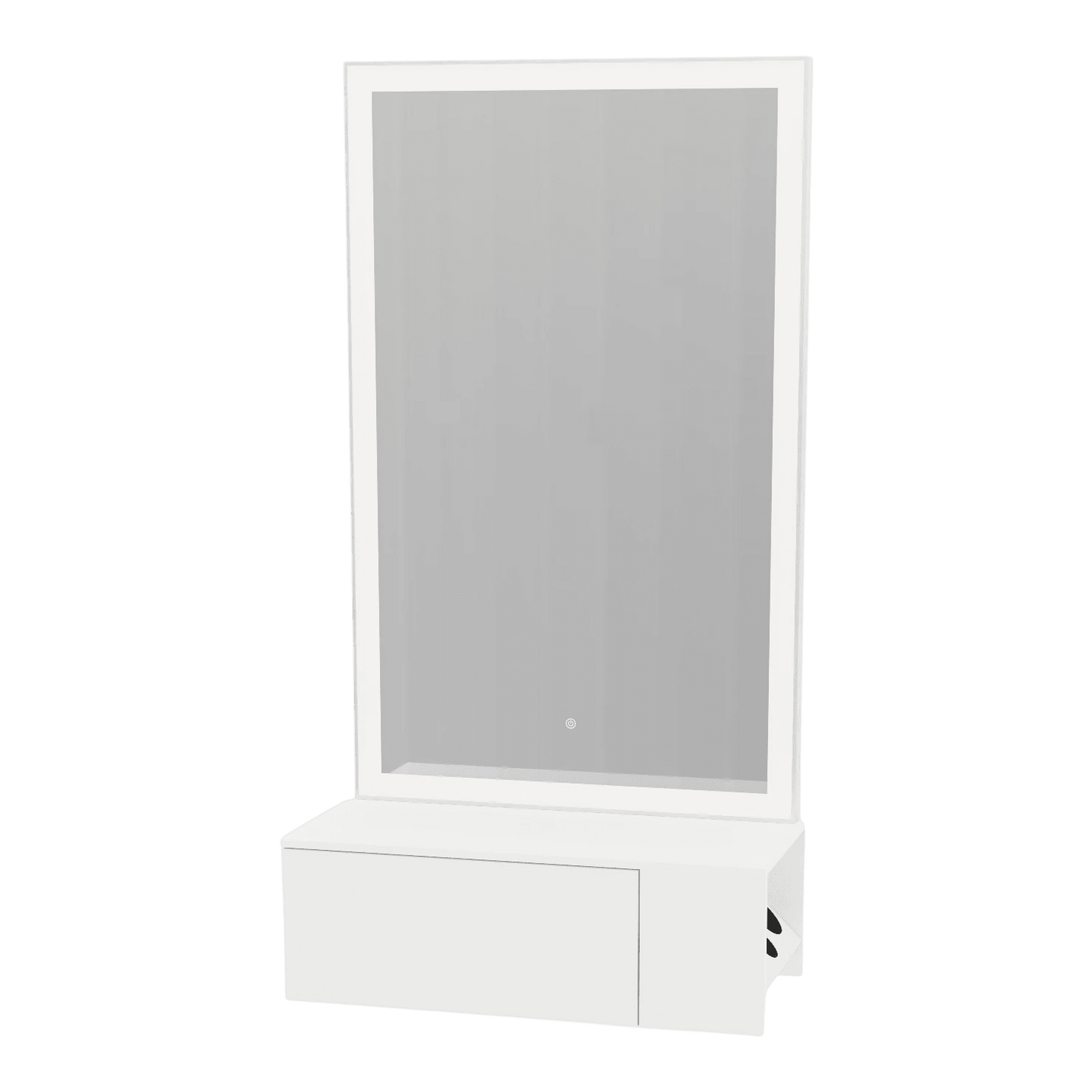 Glo Wall Mount Styling Station with Concealed Appliance Holder, Solid Surface Countertop, and Silver Rectangle Glo Mirror - Kaemark