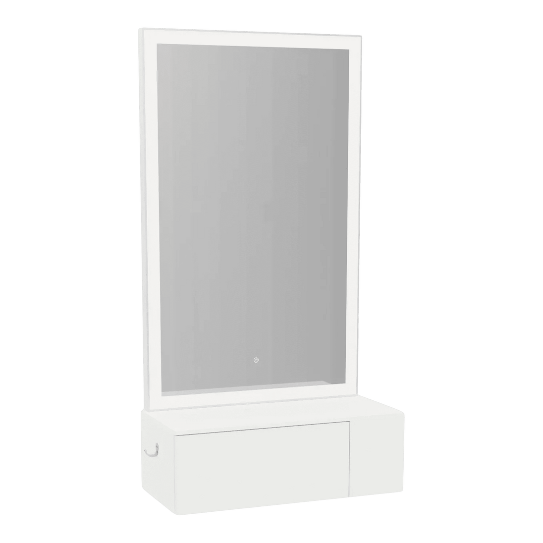 Glo Wall Mount Styling Station with Concealed Appliance Holder, Solid Surface Countertop, and Silver Rectangle Glo Mirror - Kaemark