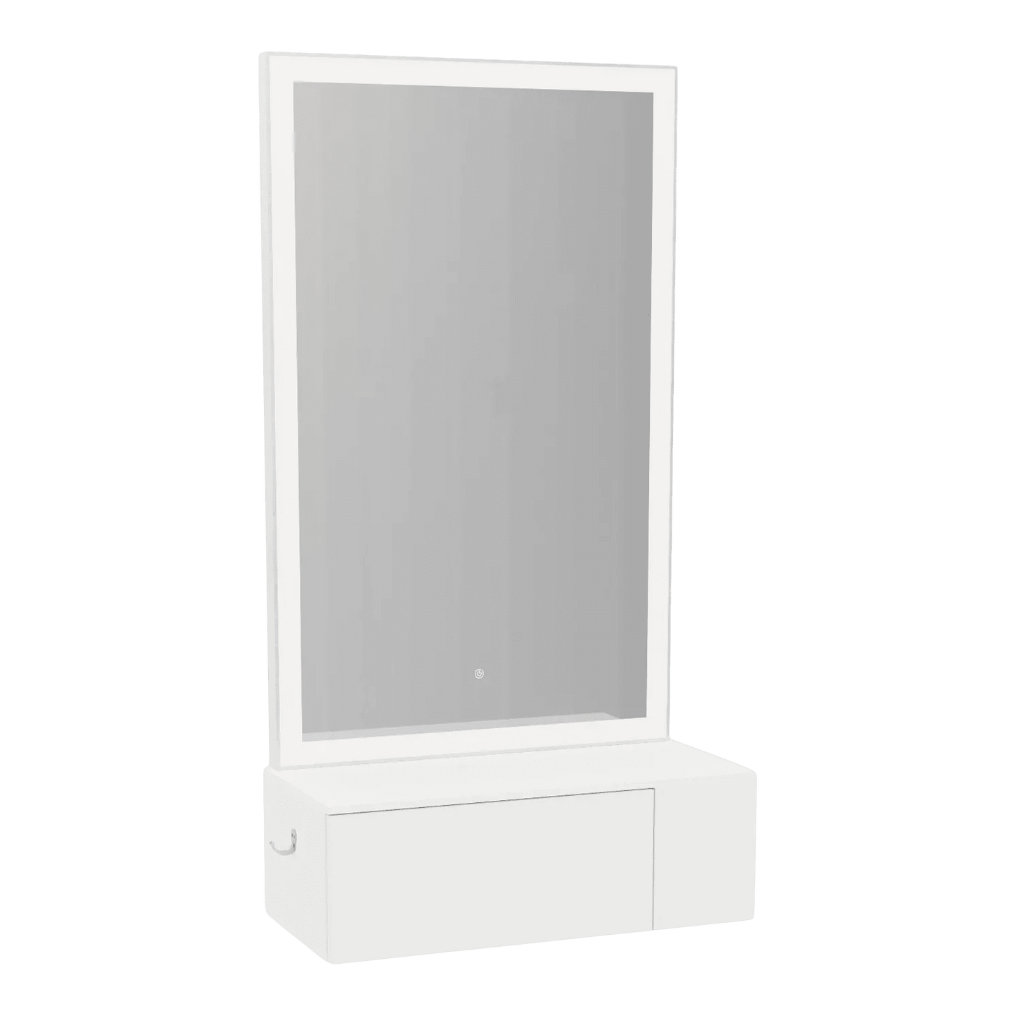 Glo Wall Mount Styling Station with Concealed Appliance Holder, Solid Surface Countertop, and Silver Rectangle Glo Mirror - Kaemark