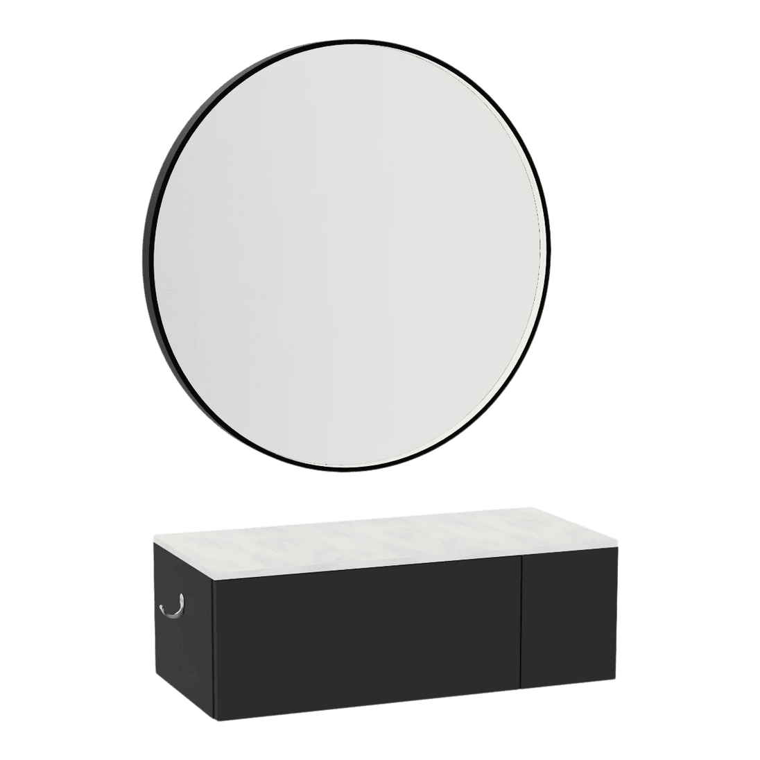 Glo Wall Mount Styling Station with Concealed Appliance Holder, Solid Surface Countertop, and Black Round Westin Mirror - Kaemark