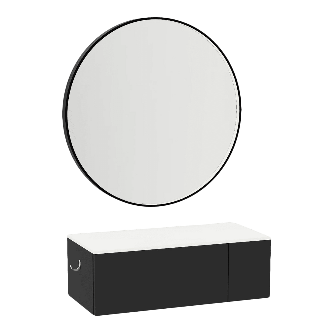 Glo Wall Mount Styling Station with Concealed Appliance Holder, Solid Surface Countertop, and Black Round Westin Mirror - Kaemark