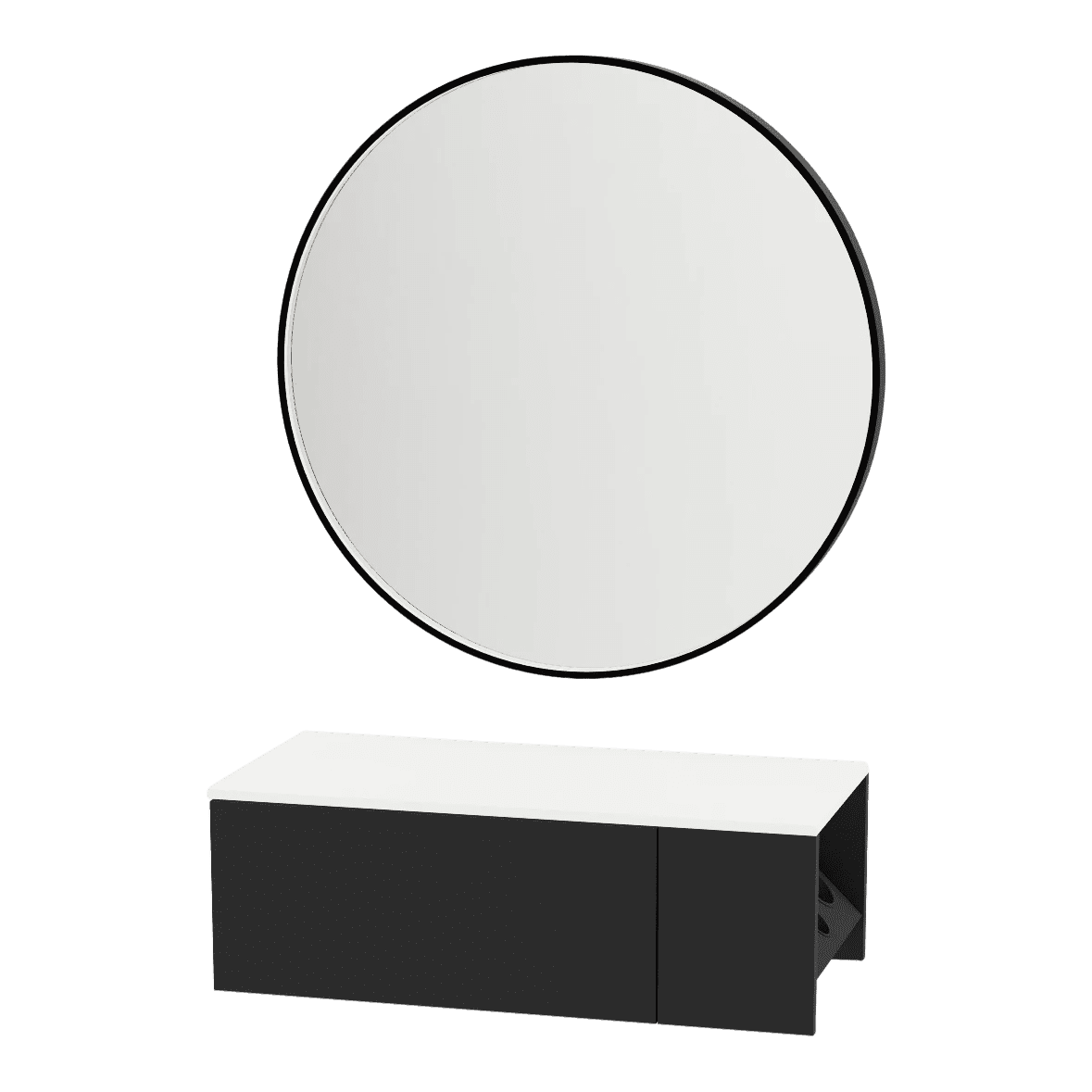 Glo Wall Mount Styling Station with Concealed Appliance Holder, Solid Surface Countertop, and Black Round Westin Mirror - Kaemark