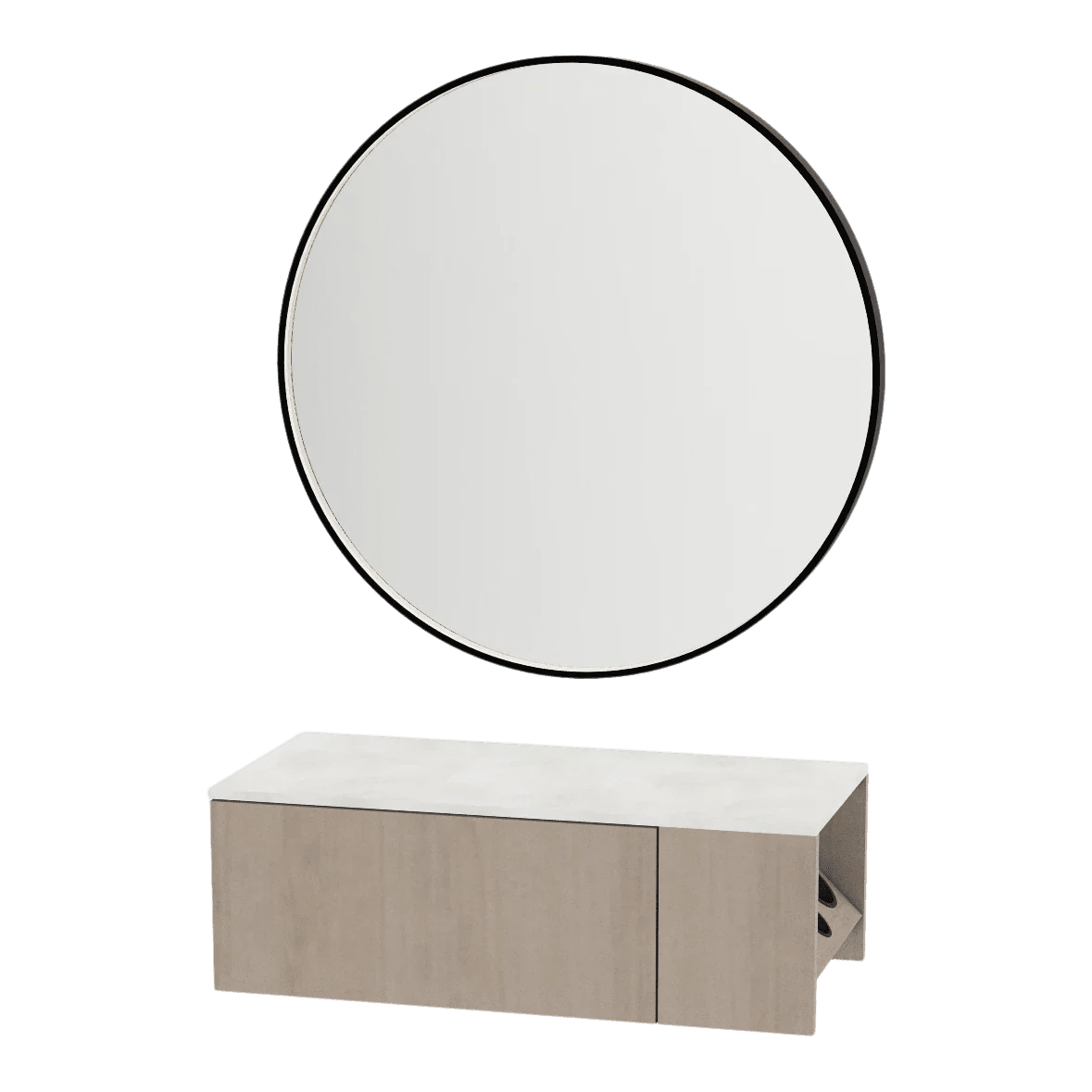 Glo Wall Mount Styling Station with Concealed Appliance Holder, Solid Surface Countertop, and Black Round Westin Mirror - Kaemark
