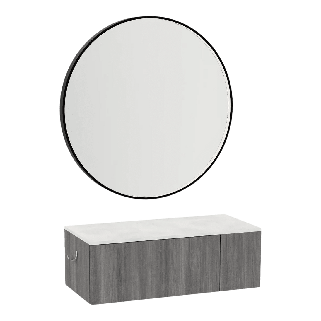 Glo Wall Mount Styling Station with Concealed Appliance Holder, Solid Surface Countertop, and Black Round Westin Mirror - Kaemark