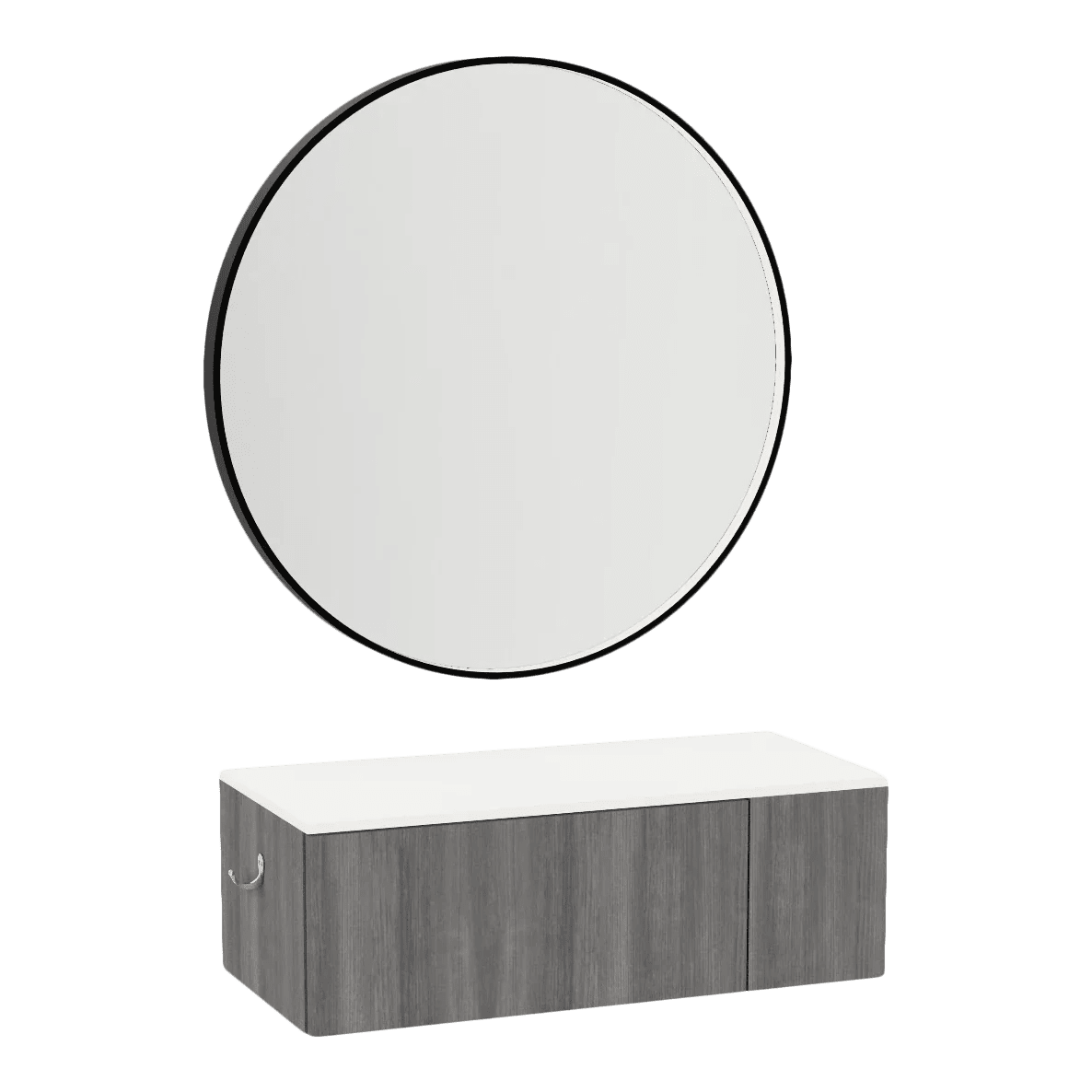 Glo Wall Mount Styling Station with Concealed Appliance Holder, Solid Surface Countertop, and Black Round Westin Mirror - Kaemark