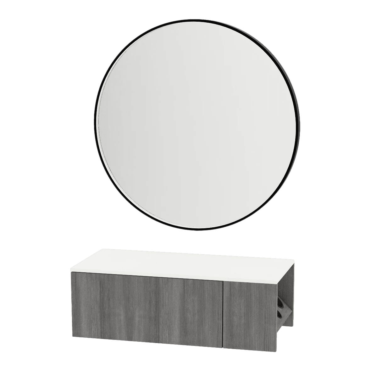 Glo Wall Mount Styling Station with Concealed Appliance Holder, Solid Surface Countertop, and Black Round Westin Mirror - Kaemark