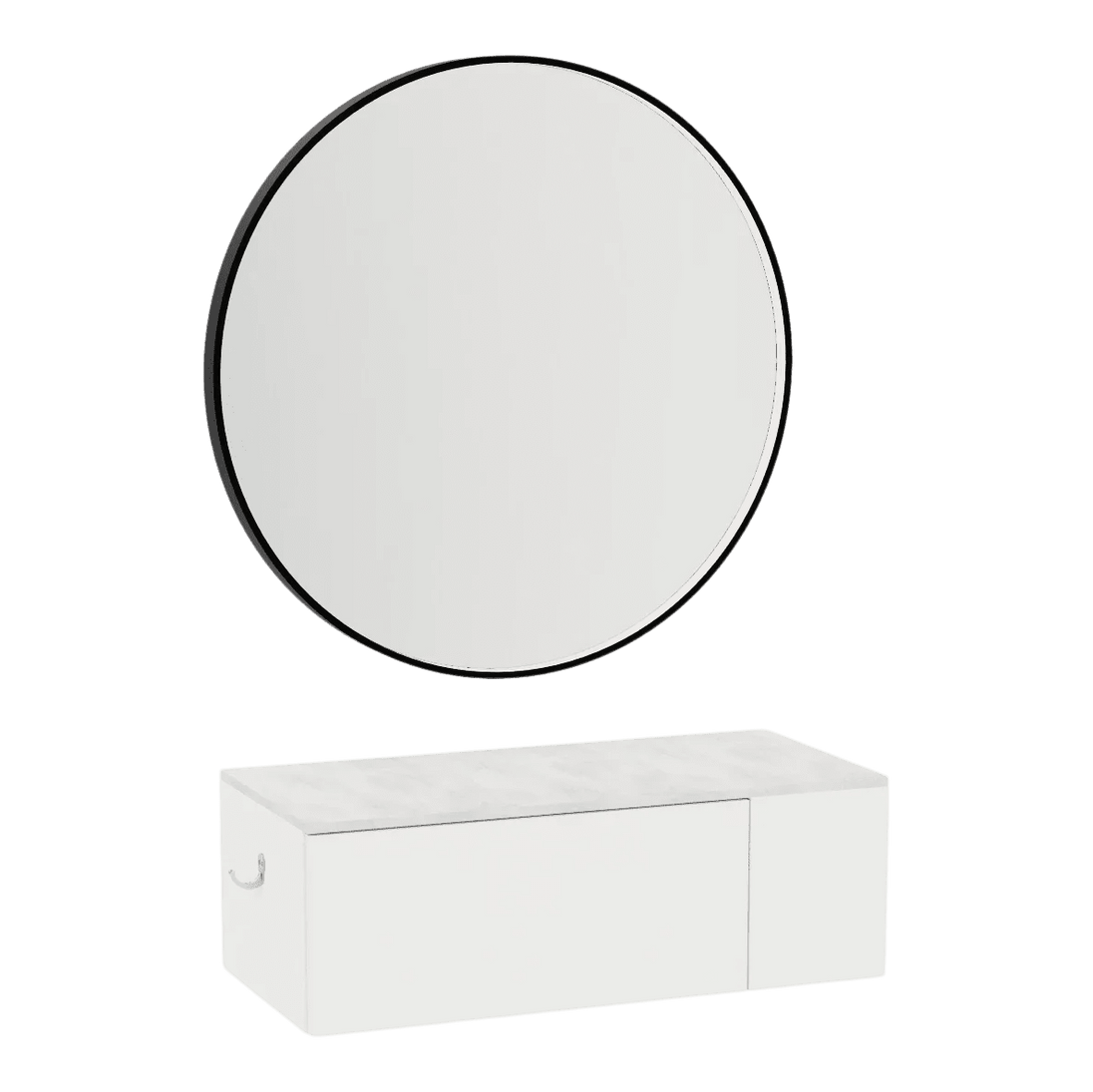 Glo Wall Mount Styling Station with Concealed Appliance Holder, Solid Surface Countertop, and Black Round Westin Mirror - Kaemark