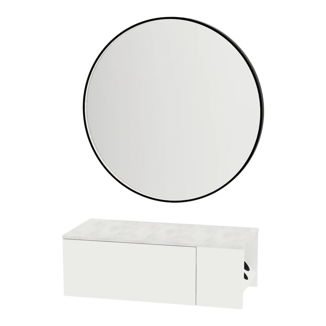 Glo Wall Mount Styling Station with Concealed Appliance Holder, Solid Surface Countertop, and Black Round Westin Mirror - Kaemark