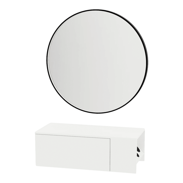 Glo Wall Mount Styling Station with Concealed Appliance Holder, Solid Surface Countertop, and Black Round Westin Mirror - Kaemark