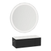 Glo Wall Mount Styling Station with Concealed Appliance Holder, Solid Surface Countertop, and Silver Round Glo Mirror - Kaemark