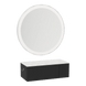 Glo Wall Mount Styling Station with Concealed Appliance Holder, Solid Surface Countertop, and Silver Round Glo Mirror - Kaemark