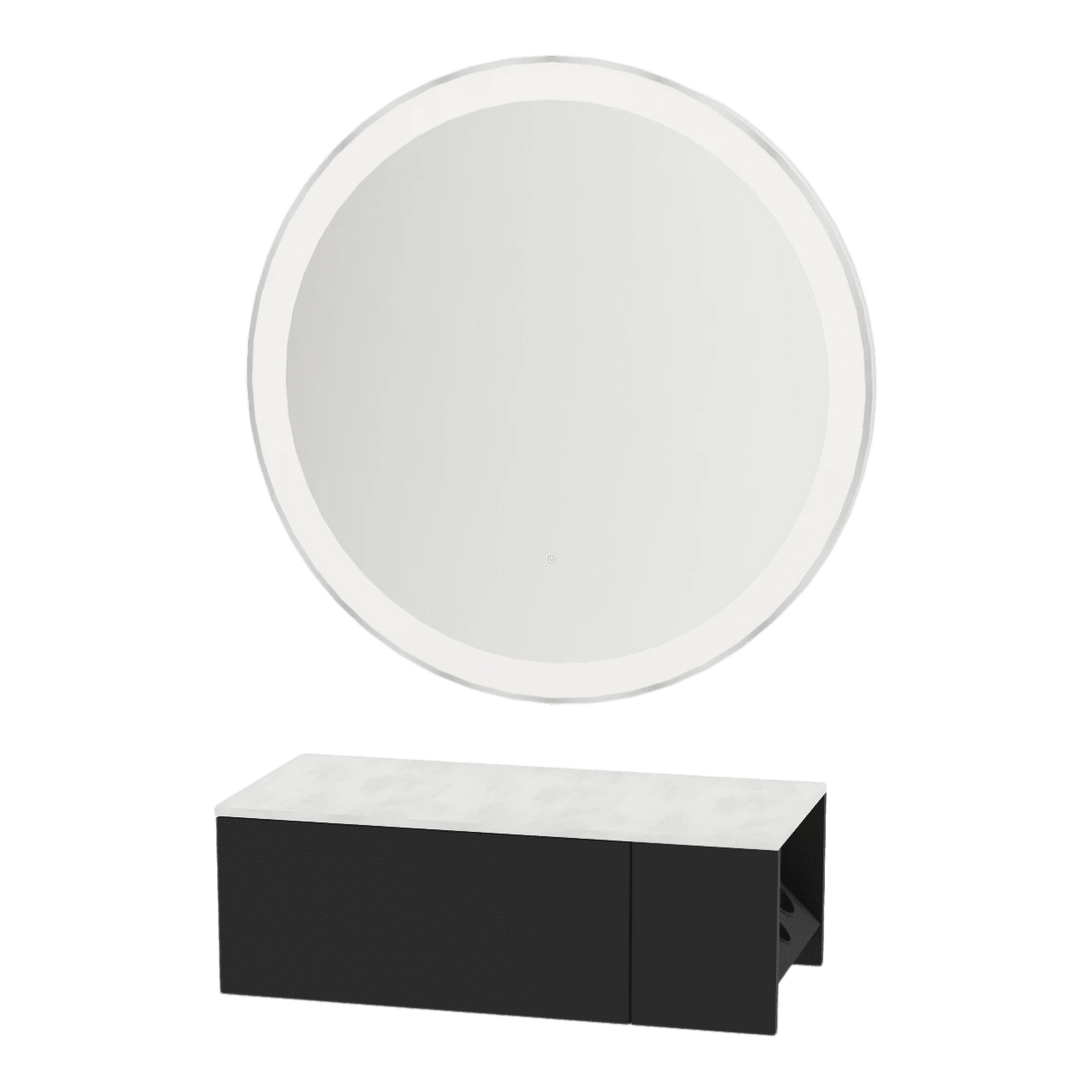 Glo Wall Mount Styling Station with Concealed Appliance Holder, Solid Surface Countertop, and Silver Round Glo Mirror - Kaemark