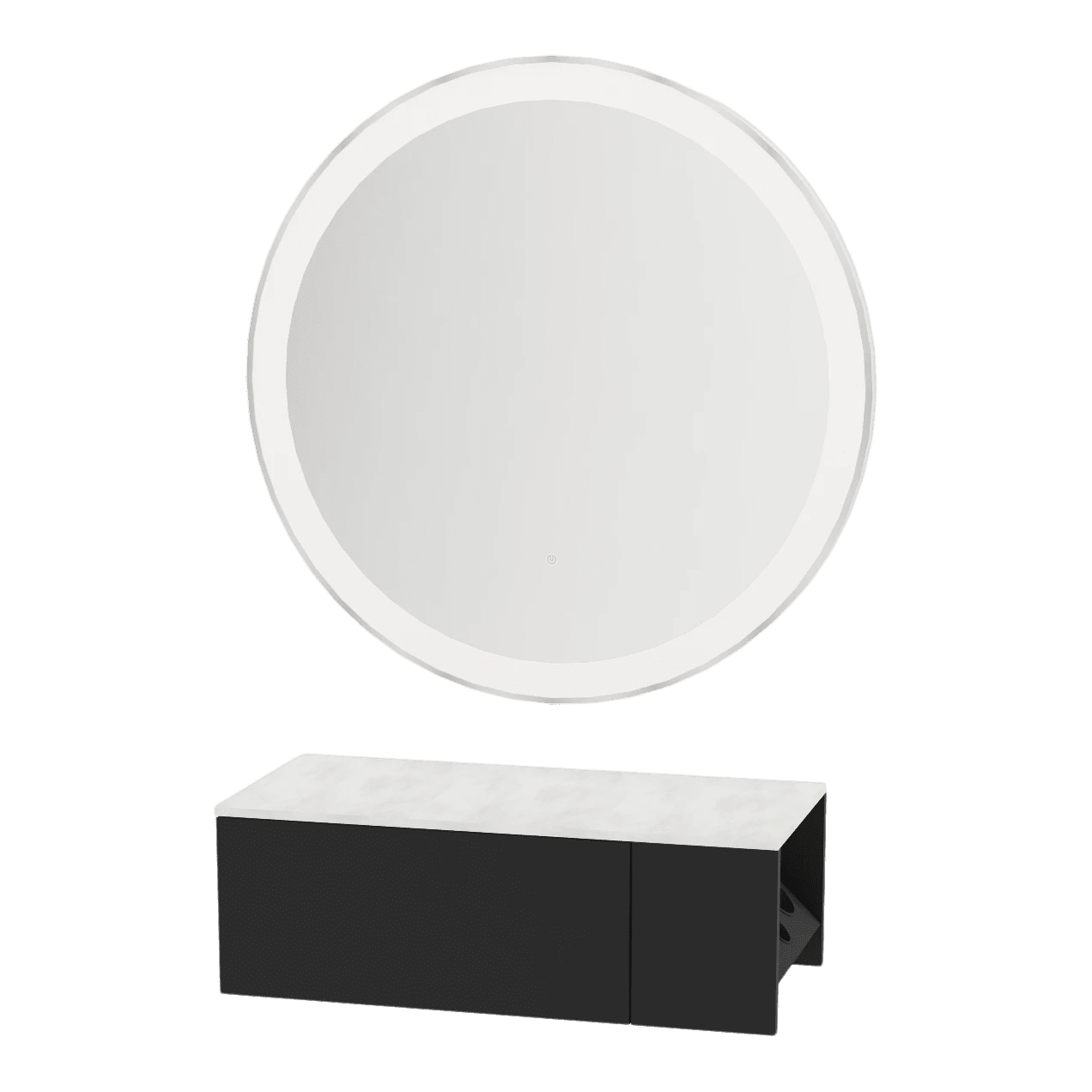 Glo Wall Mount Styling Station with Concealed Appliance Holder, Solid Surface Countertop, and Silver Round Glo Mirror - Kaemark