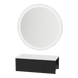 Glo Wall Mount Styling Station with Concealed Appliance Holder, Solid Surface Countertop, and Silver Round Glo Mirror - Kaemark
