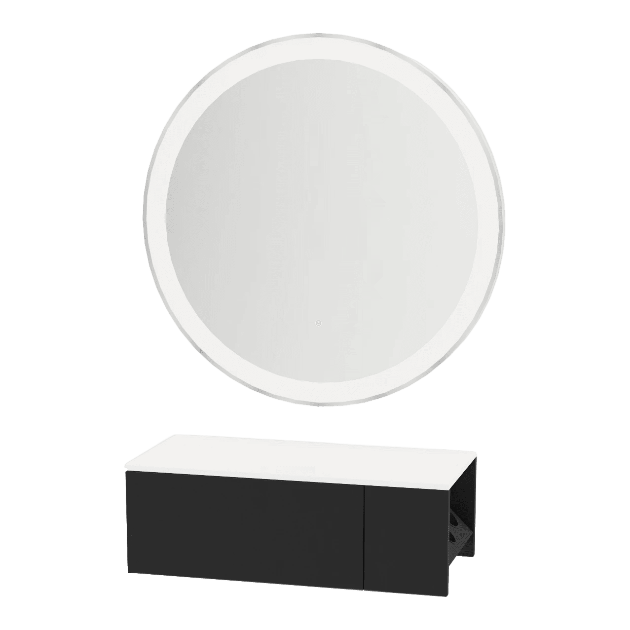 Glo Wall Mount Styling Station with Concealed Appliance Holder, Solid Surface Countertop, and Silver Round Glo Mirror - Kaemark