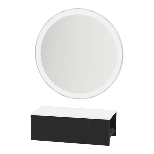 Glo Wall Mount Styling Station with Concealed Appliance Holder, Solid Surface Countertop, and Silver Round Glo Mirror - Kaemark