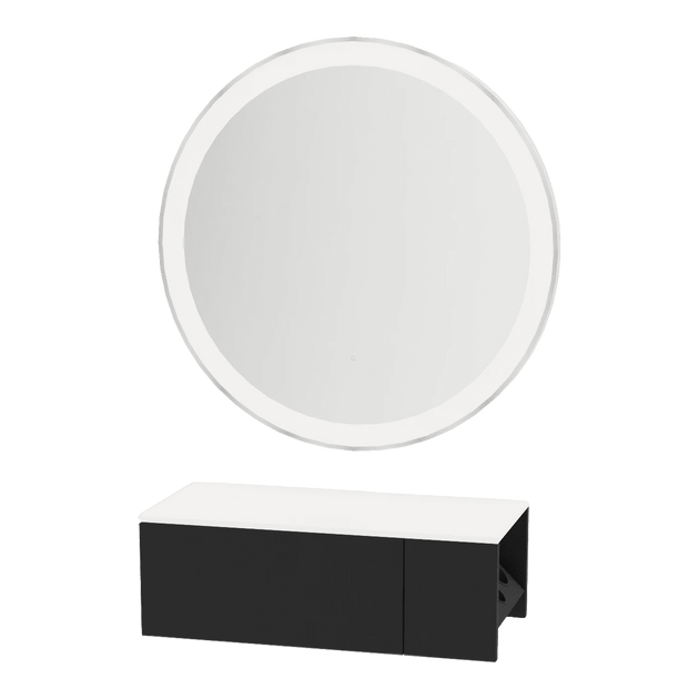 Glo Wall Mount Styling Station with Concealed Appliance Holder, Solid Surface Countertop, and Silver Round Glo Mirror - Kaemark