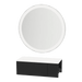 Glo Wall Mount Styling Station with Concealed Appliance Holder, Solid Surface Countertop, and Silver Round Glo Mirror - Kaemark