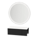 Glo Wall Mount Styling Station with Concealed Appliance Holder, Solid Surface Countertop, and Silver Round Glo Mirror - Kaemark