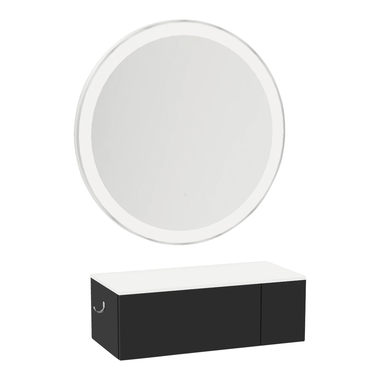 Glo Wall Mount Styling Station with Concealed Appliance Holder, Solid Surface Countertop, and Silver Round Glo Mirror - Kaemark