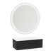 Glo Wall Mount Styling Station with Concealed Appliance Holder, Solid Surface Countertop, and Silver Round Glo Mirror - Kaemark
