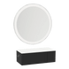 Glo Wall Mount Styling Station with Concealed Appliance Holder, Solid Surface Countertop, and Silver Round Glo Mirror - Kaemark