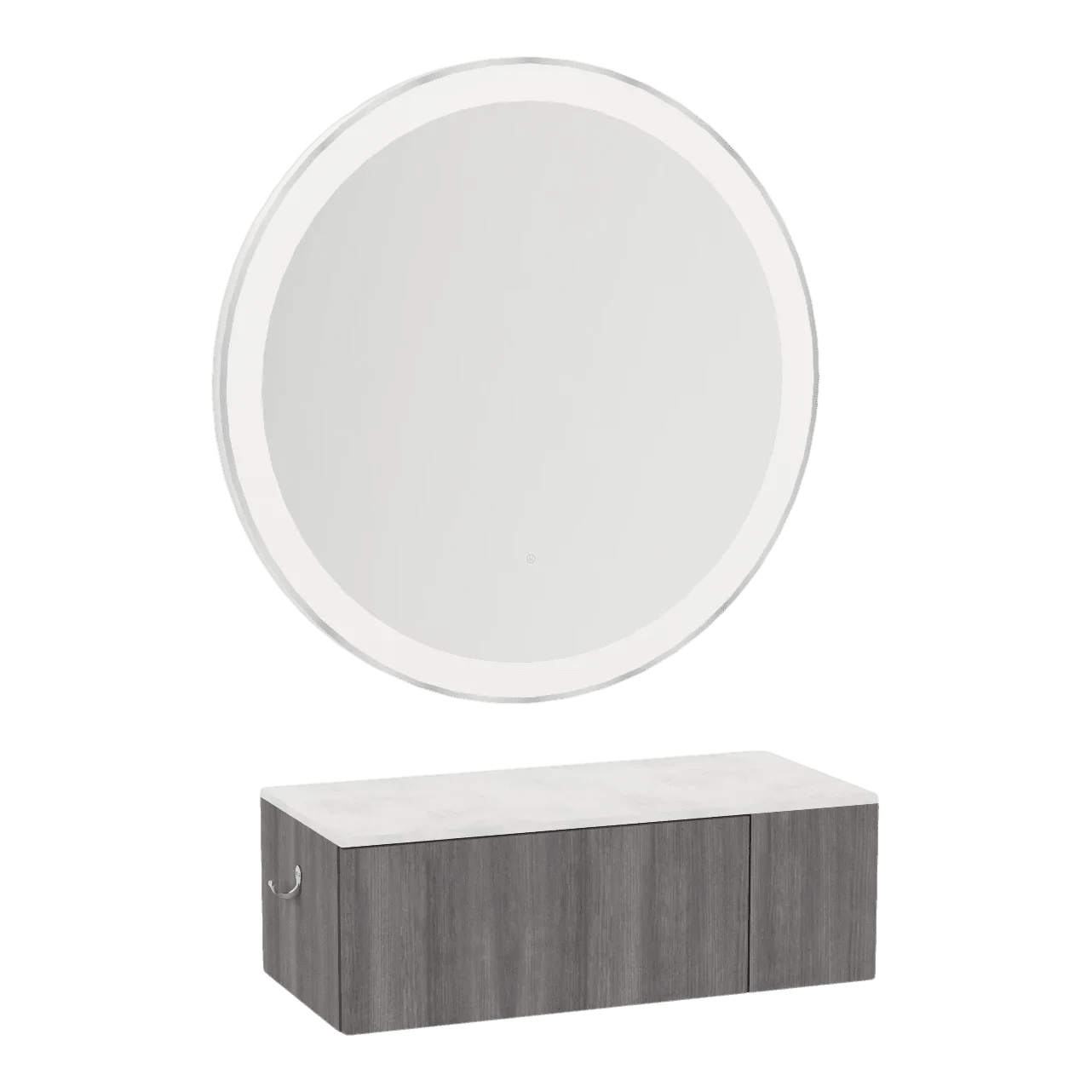 Glo Wall Mount Styling Station with Concealed Appliance Holder, Solid Surface Countertop, and Silver Round Glo Mirror - Kaemark