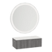 Glo Wall Mount Styling Station with Concealed Appliance Holder, Solid Surface Countertop, and Silver Round Glo Mirror - Kaemark