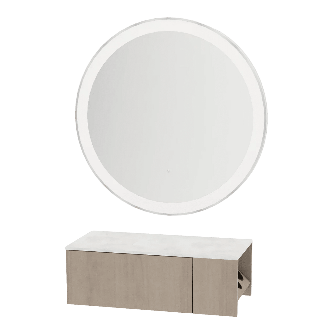 Glo Wall Mount Styling Station with Concealed Appliance Holder, Solid Surface Countertop, and Silver Round Glo Mirror - Kaemark