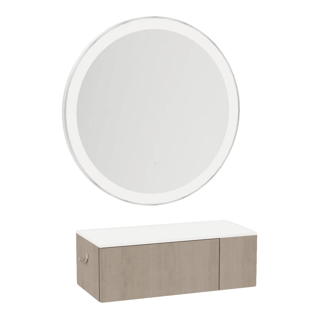 Glo Wall Mount Styling Station with Concealed Appliance Holder, Solid Surface Countertop, and Silver Round Glo Mirror - Kaemark