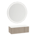 Glo Wall Mount Styling Station with Concealed Appliance Holder, Solid Surface Countertop, and Silver Round Glo Mirror - Kaemark