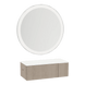 Glo Wall Mount Styling Station with Concealed Appliance Holder, Solid Surface Countertop, and Silver Round Glo Mirror - Kaemark