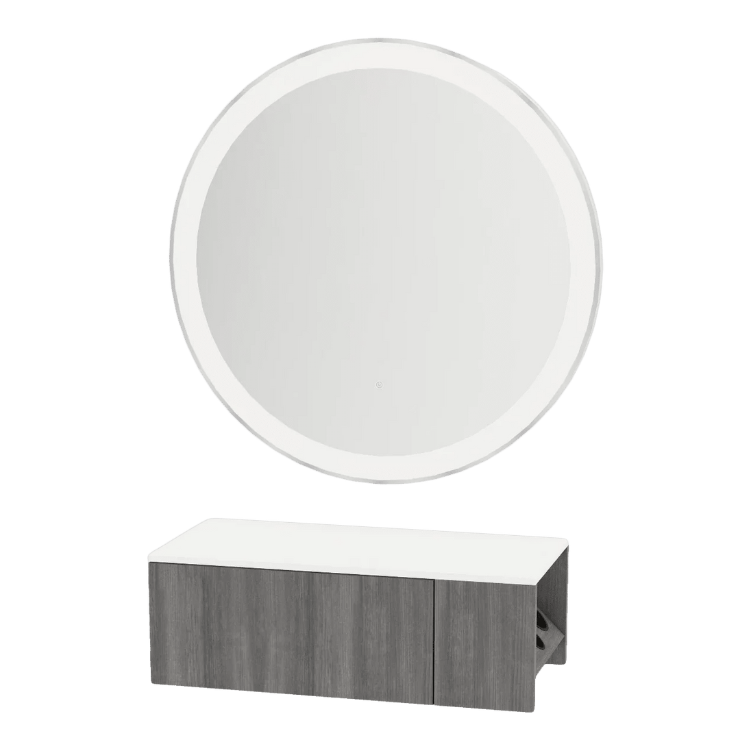 Glo Wall Mount Styling Station with Concealed Appliance Holder, Solid Surface Countertop, and Silver Round Glo Mirror - Kaemark