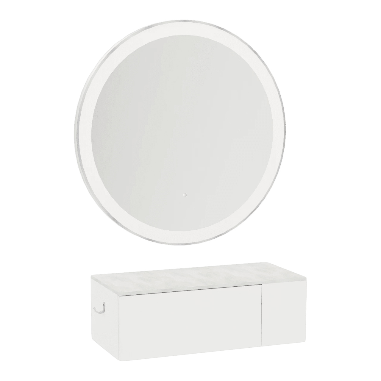 Glo Wall Mount Styling Station with Concealed Appliance Holder, Solid Surface Countertop, and Silver Round Glo Mirror - Kaemark