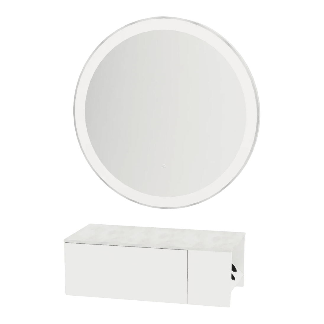 Glo Wall Mount Styling Station with Concealed Appliance Holder, Solid Surface Countertop, and Silver Round Glo Mirror - Kaemark