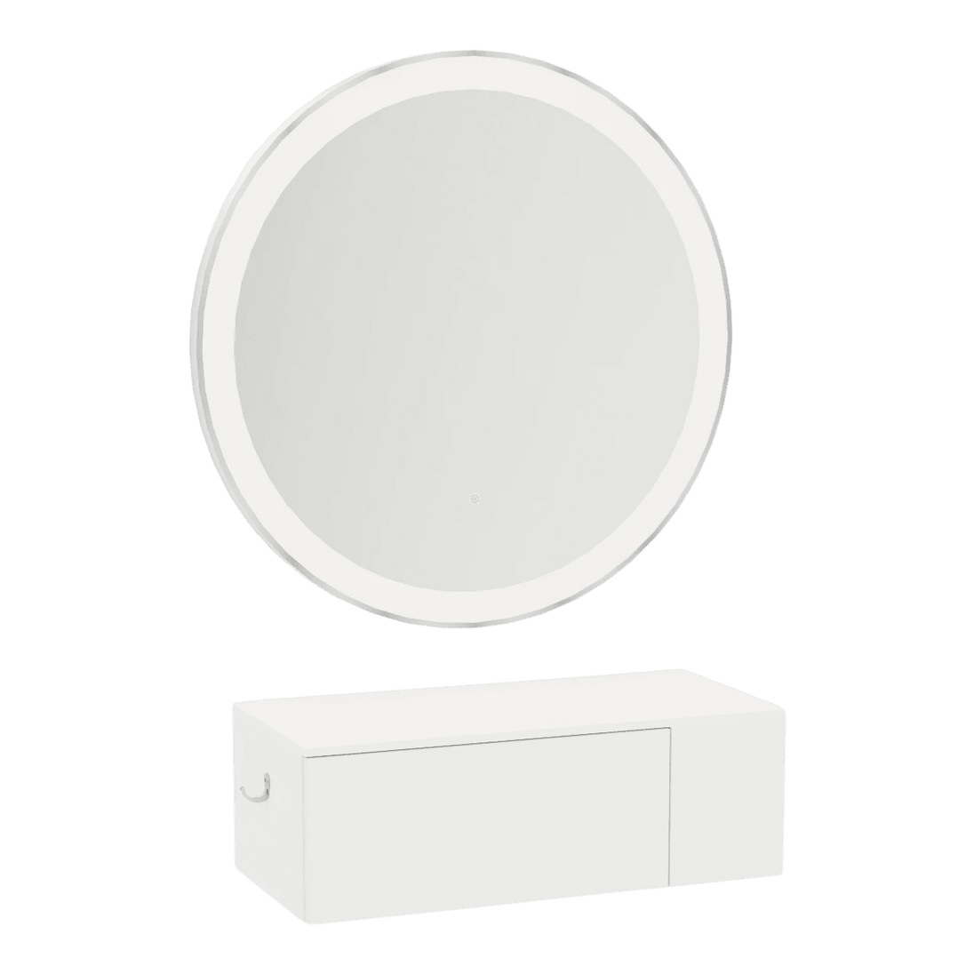 Glo Wall Mount Styling Station with Concealed Appliance Holder, Solid Surface Countertop, and Silver Round Glo Mirror - Kaemark