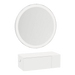 Glo Wall Mount Styling Station with Concealed Appliance Holder, Solid Surface Countertop, and Silver Round Glo Mirror - Kaemark