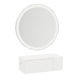 Glo Wall Mount Styling Station with Concealed Appliance Holder, Solid Surface Countertop, and Silver Round Glo Mirror - Kaemark