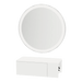 Glo Wall Mount Styling Station with Concealed Appliance Holder, Solid Surface Countertop, and Silver Round Glo Mirror - Kaemark
