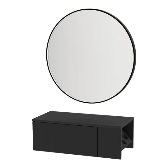 Glo Wall Mount Styling Station with Concealed Appliance Holder and Black Round Westin Mirror - Kaemark