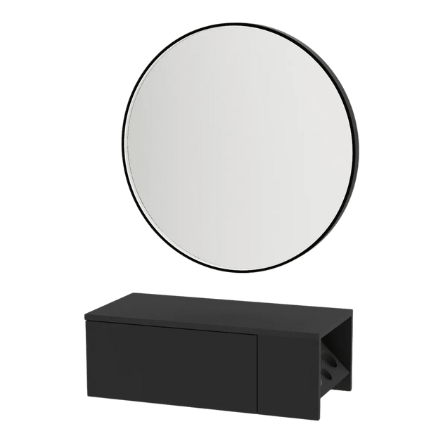 Glo Wall Mount Styling Station with Concealed Appliance Holder and Black Round Westin Mirror - Kaemark