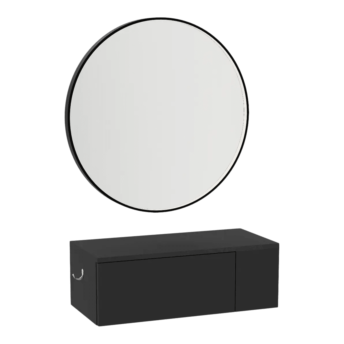 Glo Wall Mount Styling Station with Concealed Appliance Holder and Black Round Westin Mirror - Kaemark