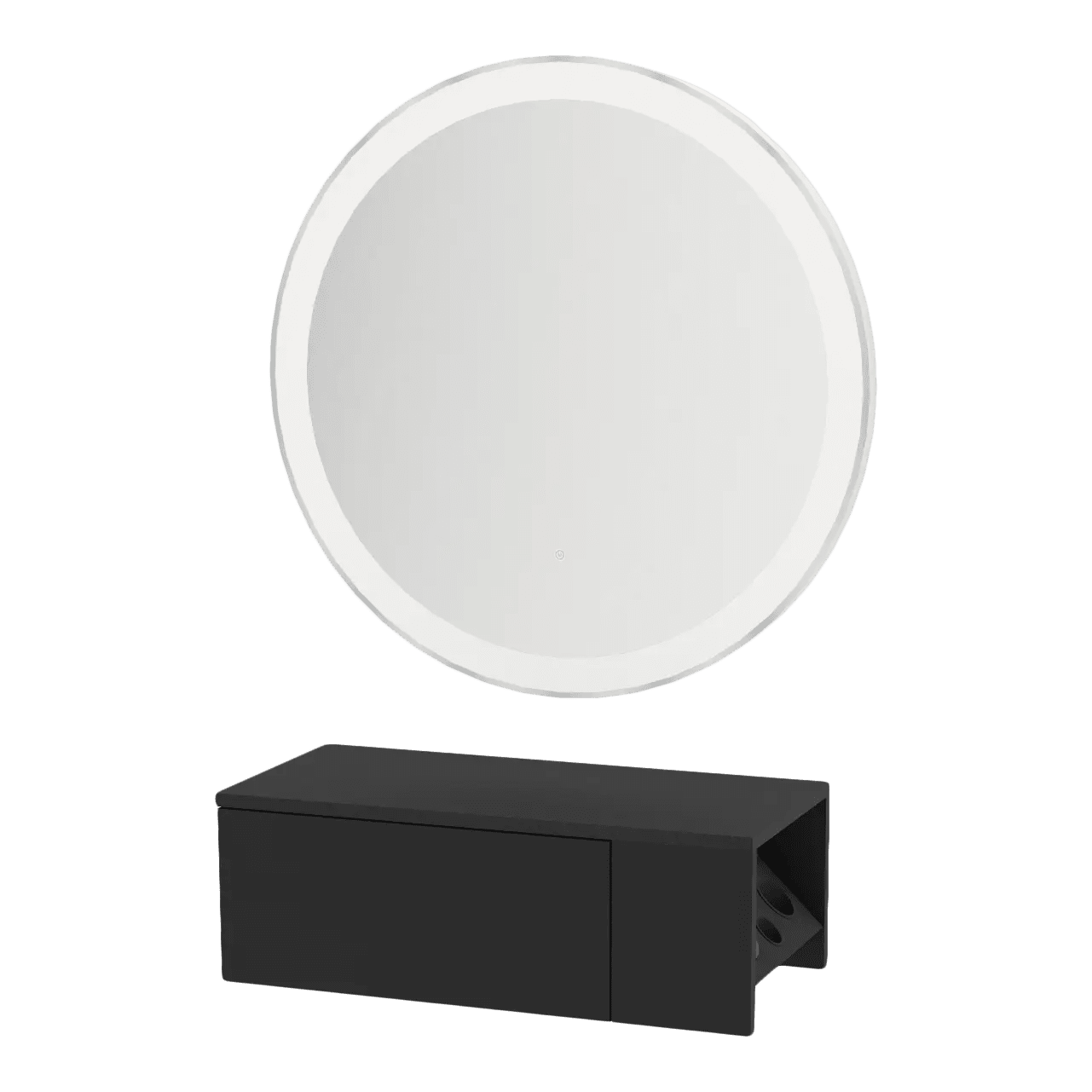 Glo Wall Mount Styling Station with Concealed Appliance Holder and Silver Round Glo Mirror - Kaemark