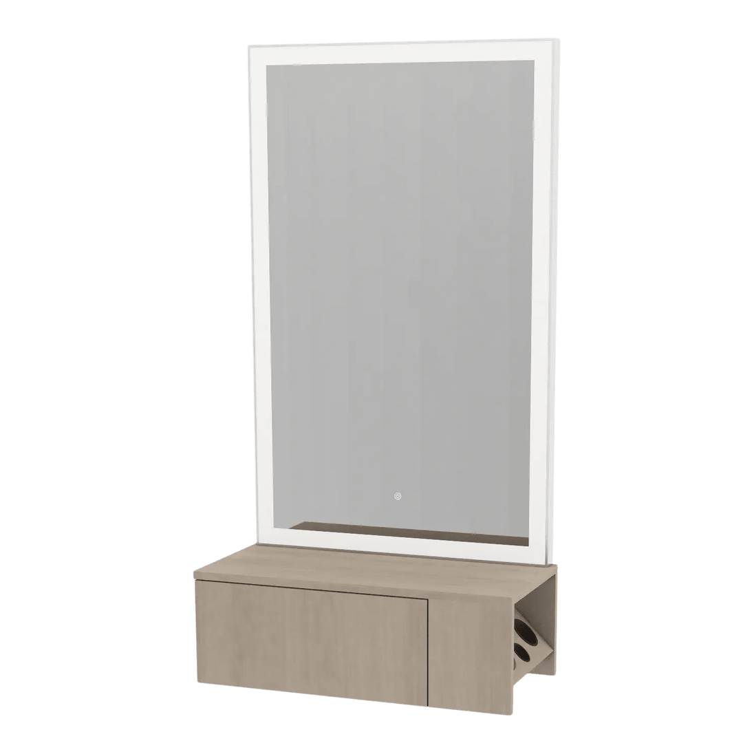 Glo Wall Mount Styling Station with Concealed Appliance Holder and Silver Rectangle Glo Mirror - Kaemark
