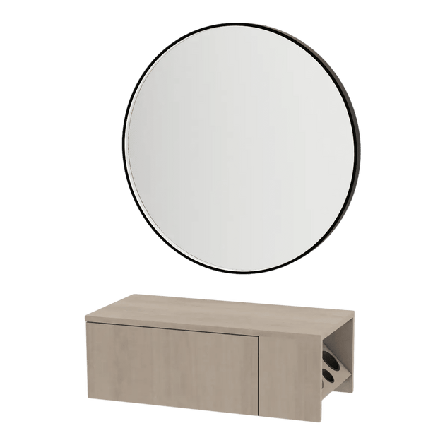 Glo Wall Mount Styling Station with Concealed Appliance Holder and Black Round Westin Mirror - Kaemark