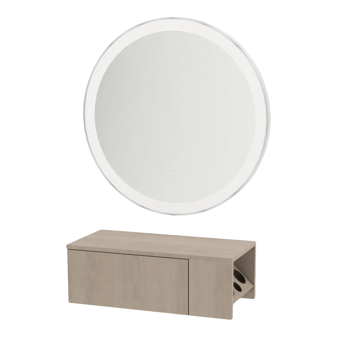 Glo Wall Mount Styling Station with Concealed Appliance Holder and Silver Round Glo Mirror - Kaemark