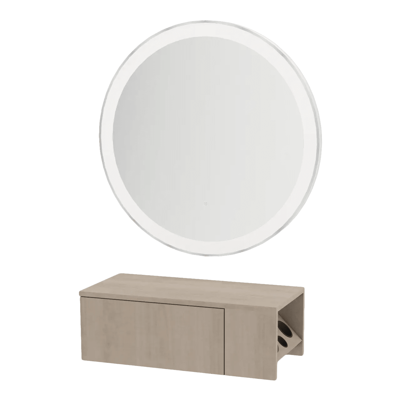 Glo Wall Mount Styling Station with Concealed Appliance Holder and Silver Round Glo Mirror - Kaemark