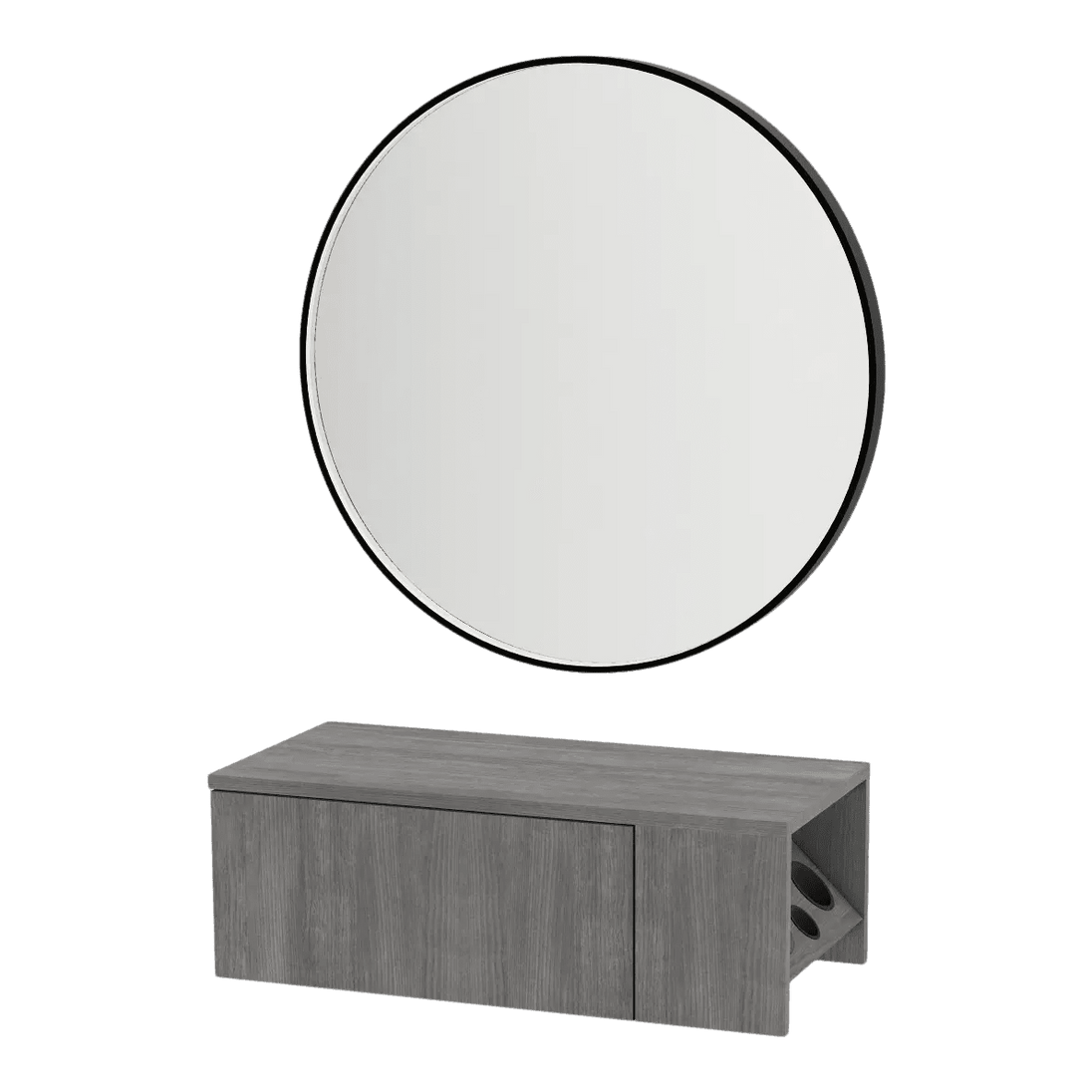 Glo Wall Mount Styling Station with Concealed Appliance Holder and Black Round Westin Mirror - Kaemark